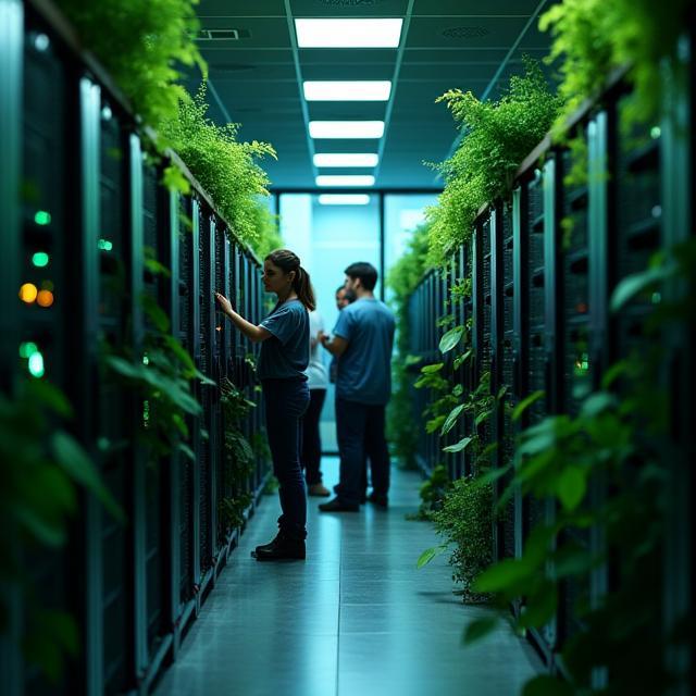 Equipo instalando servidores verdes